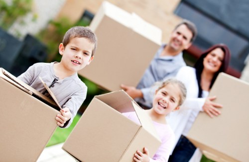Moving boxes arranged in a new Fulham home